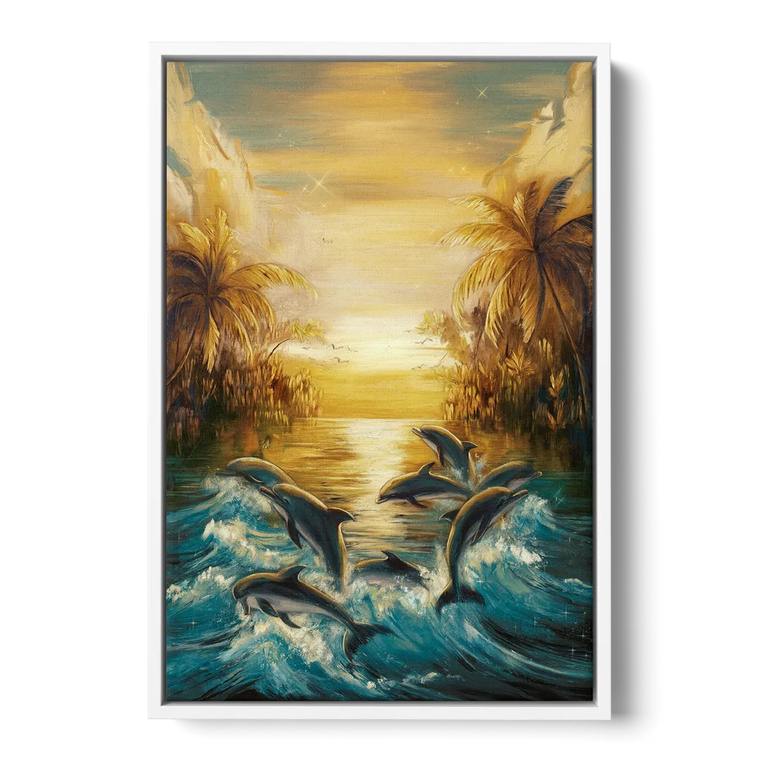 Myrtle Beach Dolphin Horizon - White Frame Canvas