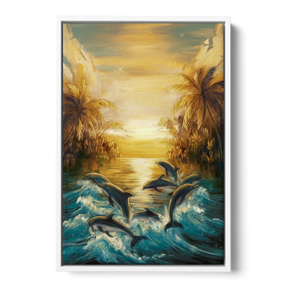 Myrtle Beach Dolphin Horizon - White Frame Canvas