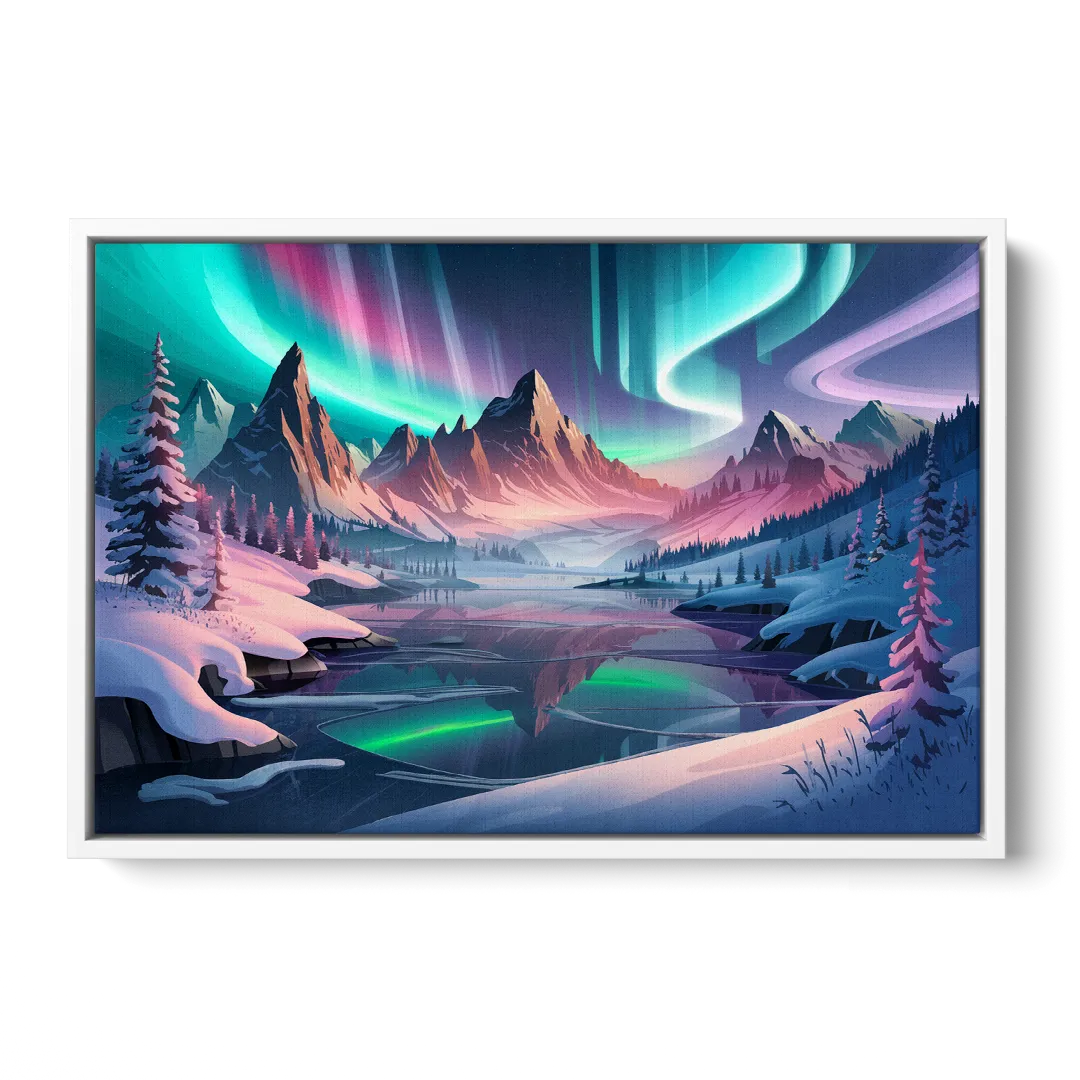 Aurora Snowy Peaks - White Frame Canvas