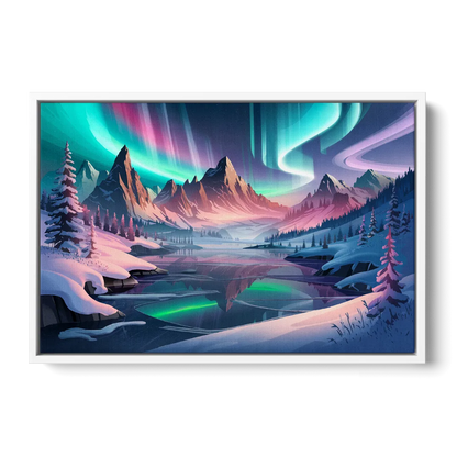 Aurora Snowy Peaks - White Frame Canvas