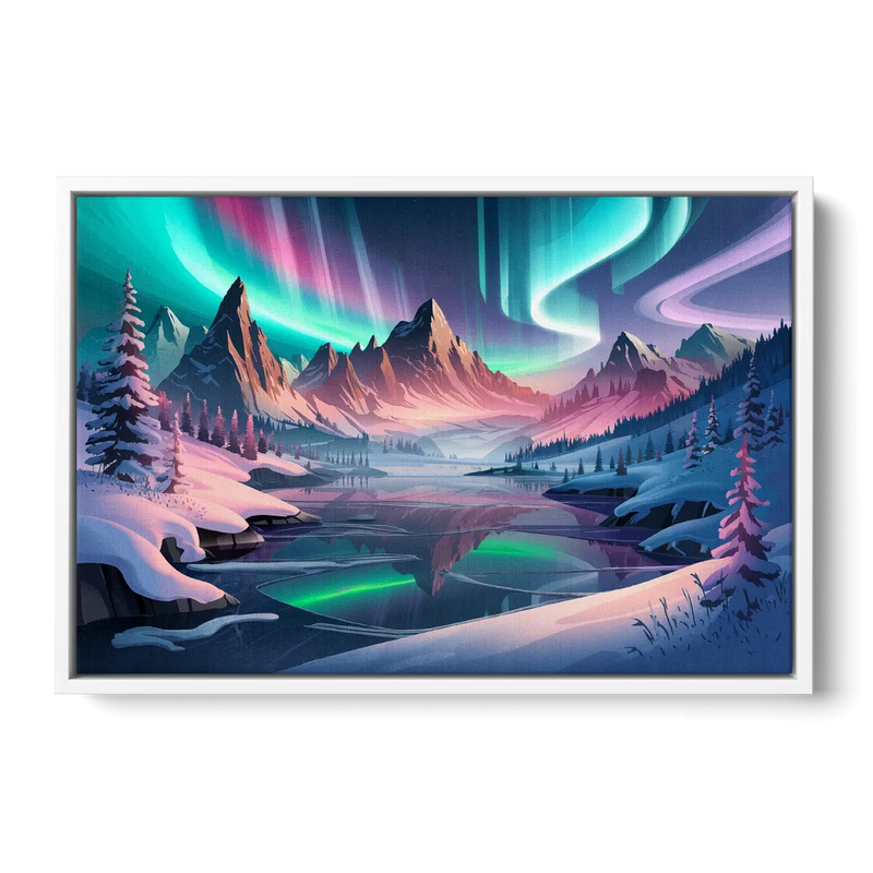 Aurora Snowy Peaks - White Frame Canvas