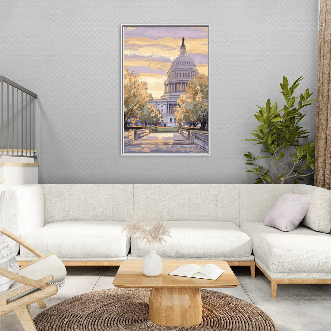 Lincoln Capitol Building - Living Room White Frame Canvas
