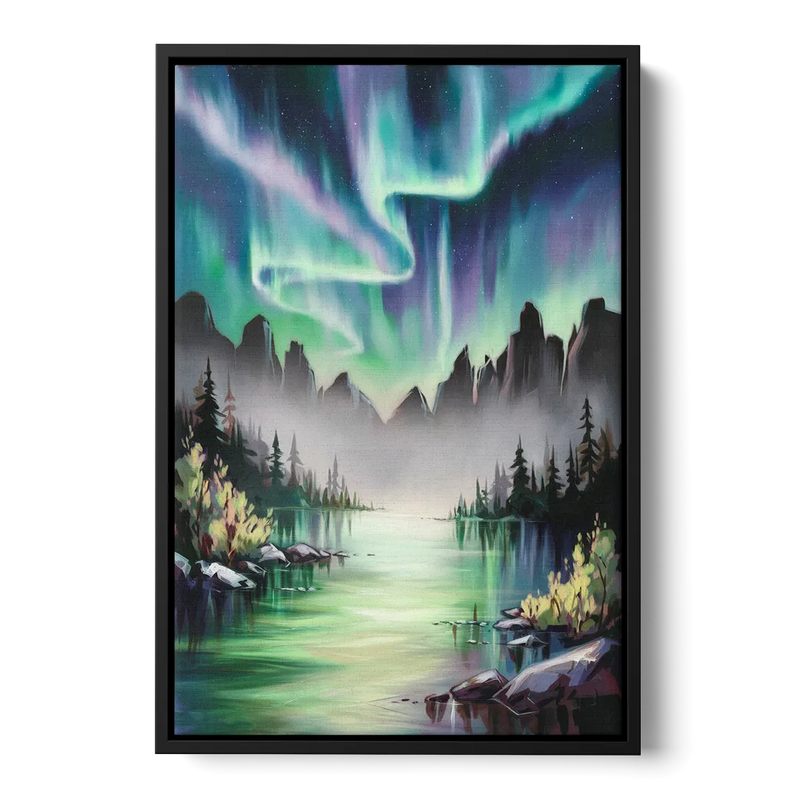 Aurora Borealis Landscape - Black Frame Canvas