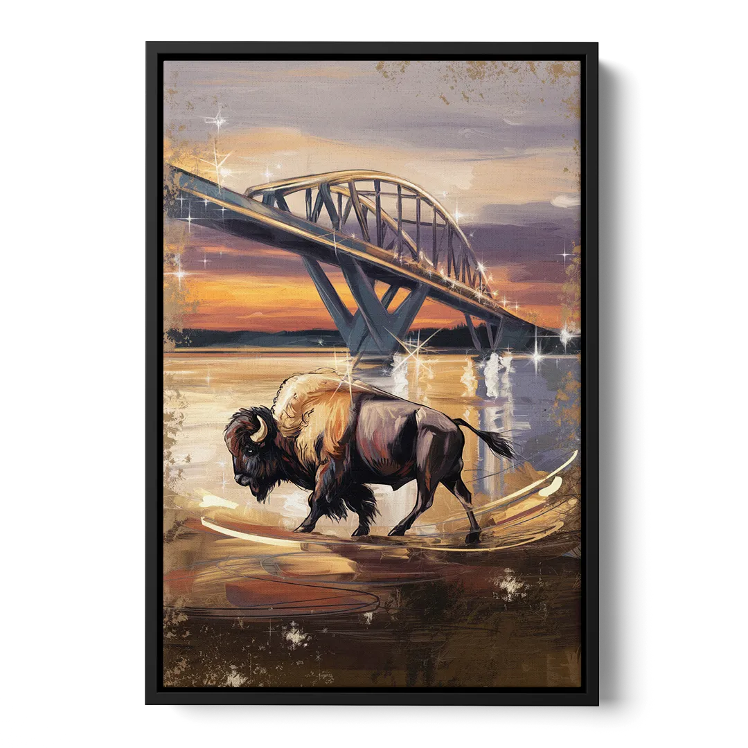 Buffalo Peace Bridge Glow - Black Frame Canvas