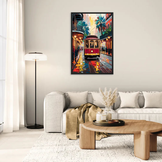 New Orleans Trolley Car Journey - Living Room Black Frame Canvas