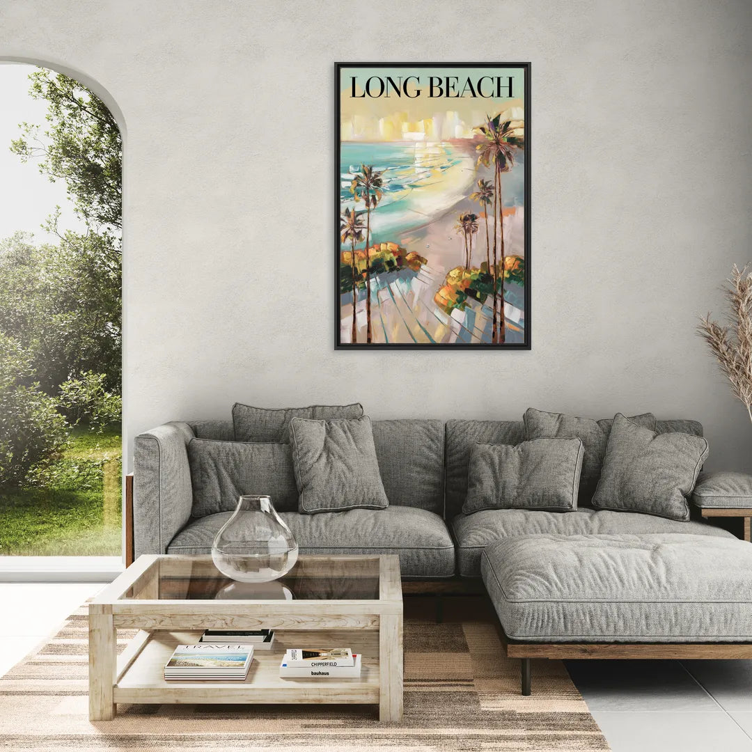 Long Beach California Palm Trees - Living Room Black Frame Canvas