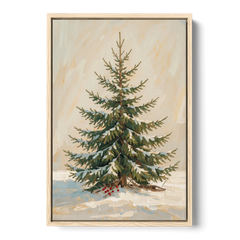 3 Piece Christmas Canvas of a Snowy Young Fir - Oak Framed Canvas Wall Art - Front
