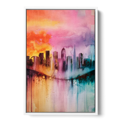 Oakland Skyline Sunset - White Frame Canvas