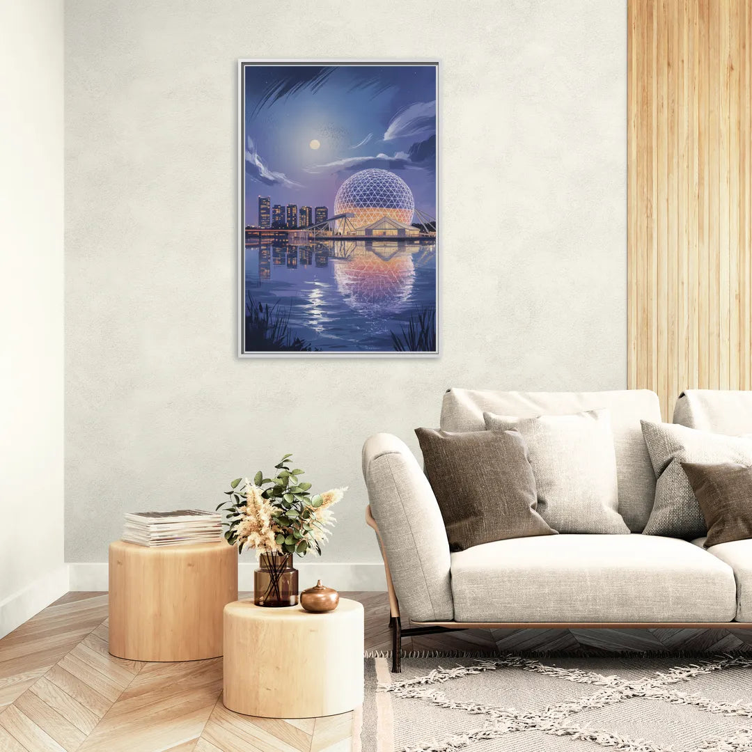 Science World at Night - Living Room White Frame Canvas