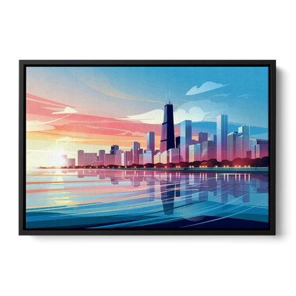 Chicago Skyline At Sunset - Black Frame Canvas