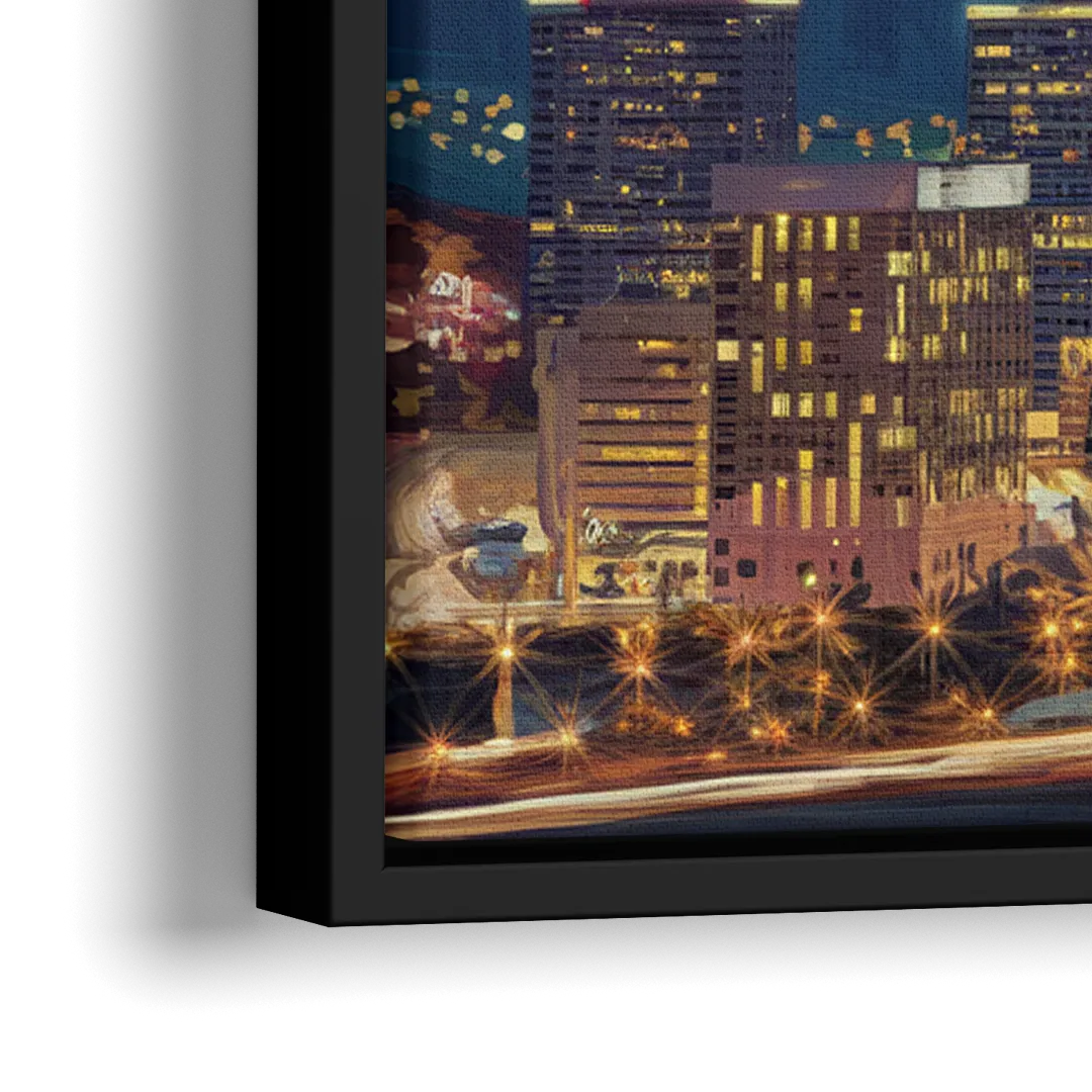 Denver Skyline At Dusk - Close-Up Black Frame Canvas