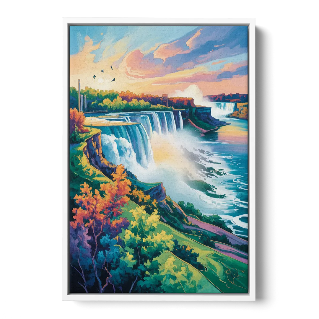 American and Canadian Falls View - White Frame Canvas