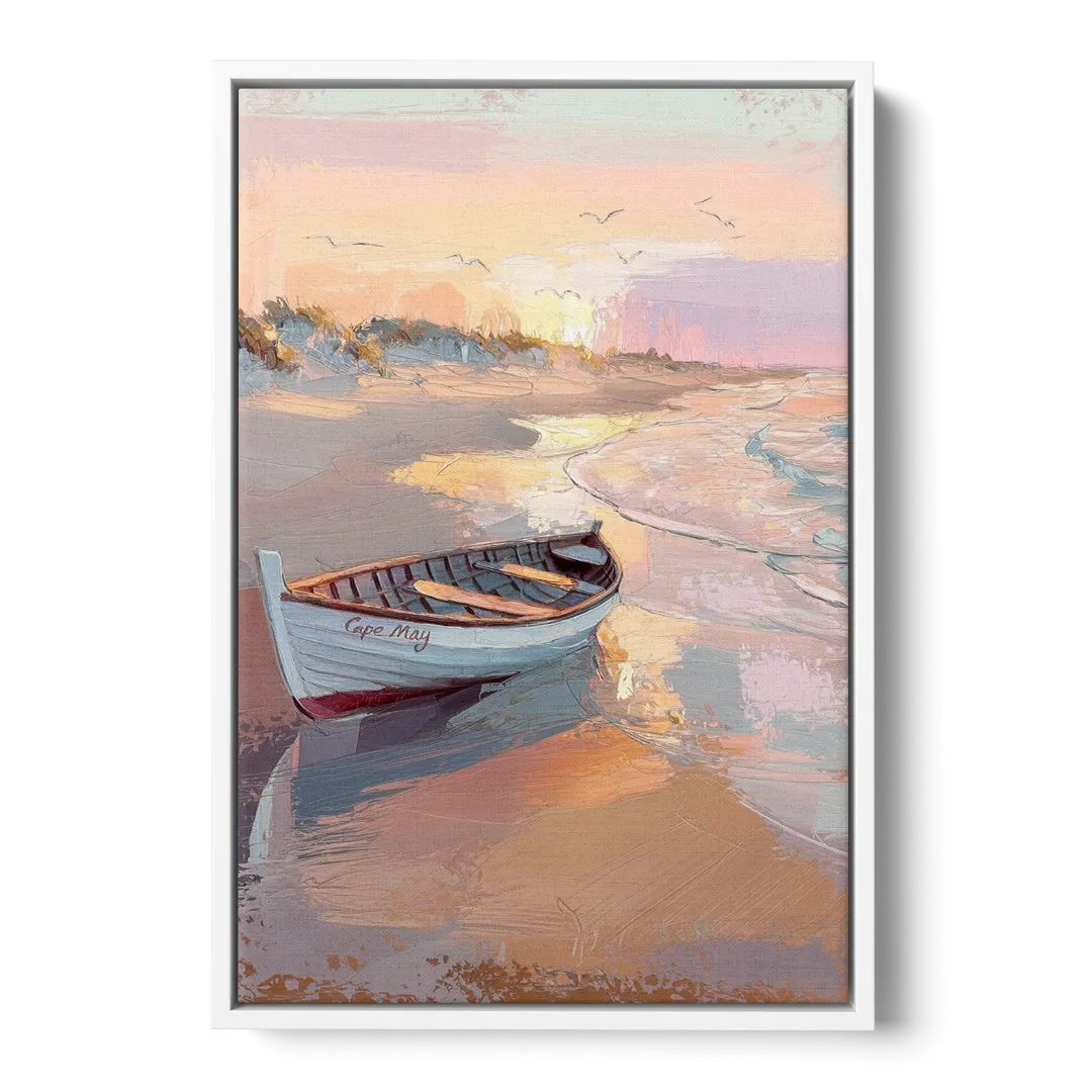 Cape May Beach Sunrise - White Frame Canvas