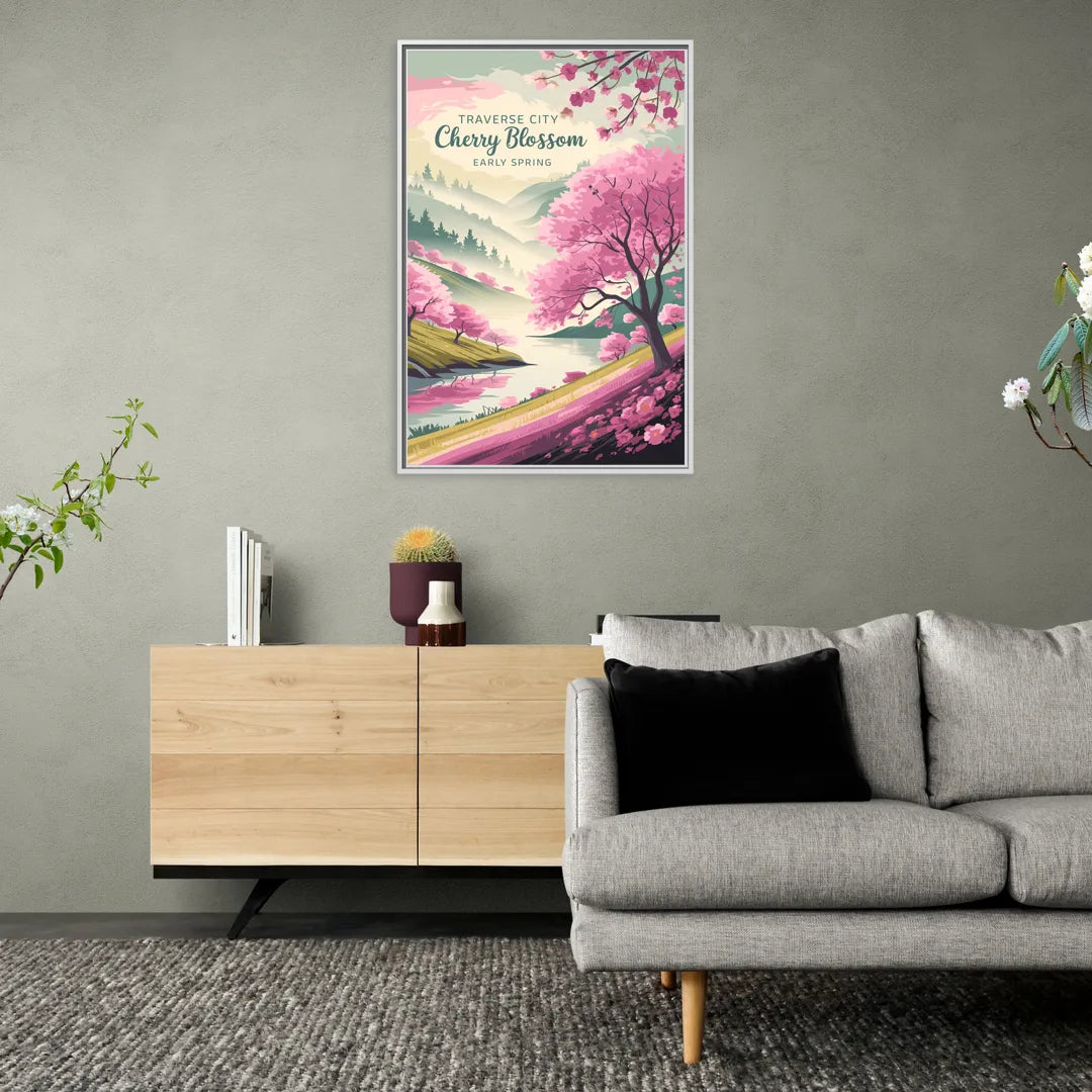 Traverse City Cherry Blossom Landscape - Living Room White Frame Canvas