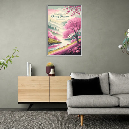 Traverse City Cherry Blossom Landscape - Living Room White Frame Canvas