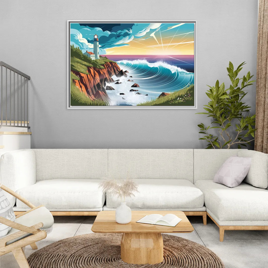 Seaside Lighthouse View - Living Room White Frame Canvas