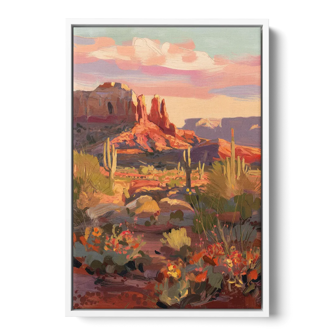Sedona Desert Bloom Scenery - White Frame Canvas