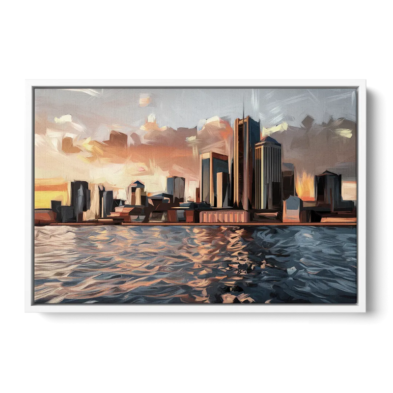 Detroit Cityscape Photography - White Frame Canvas