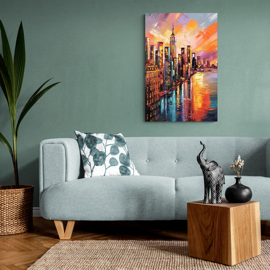 New York City Sunset Over Skyscrapers Hudson - Canvas Wall Art Living Room