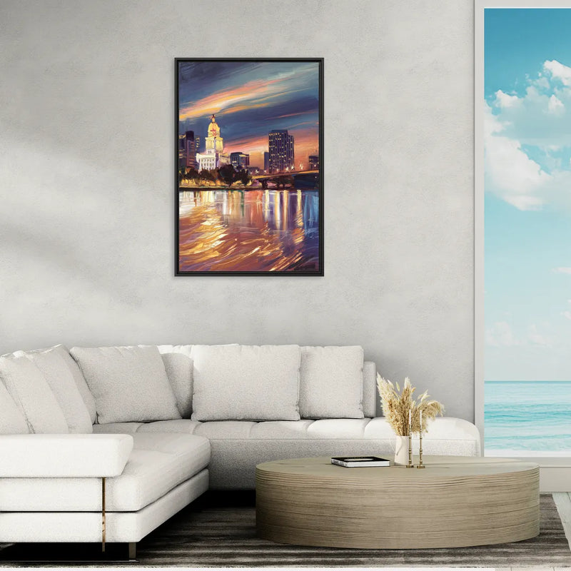 Baton Rouge Cityscape Twilight - Living Room Black Frame Canvas