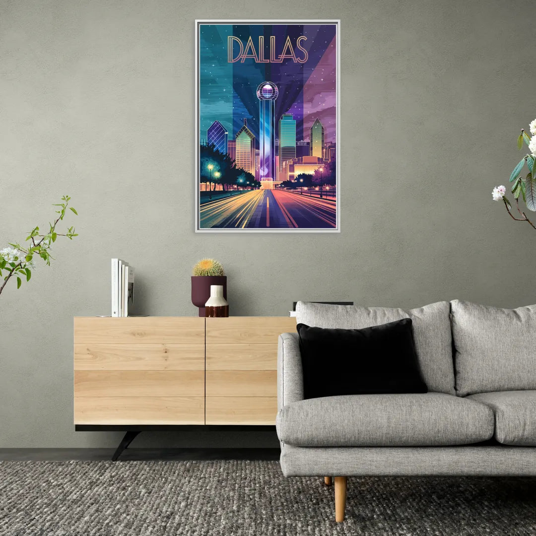 Dallas Night Lights - Living Room White Frame Canvas