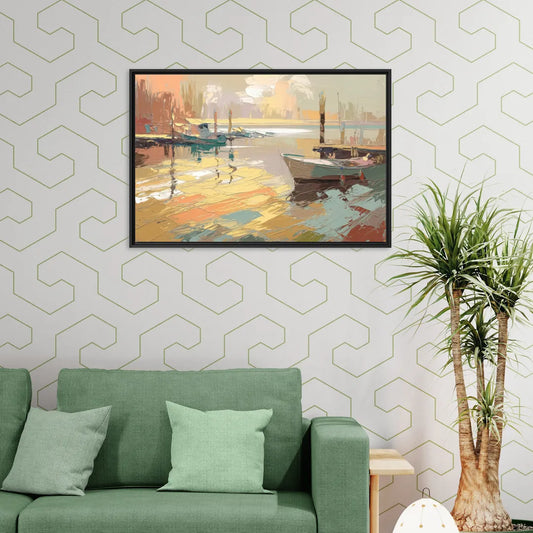 Seaside Harbor Reflections - Living Room Black Frame Canvas