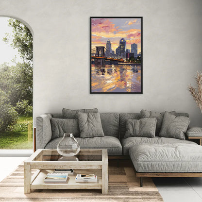 Cincinnati Skyline at Sunset - Living Room Black Frame Canvas