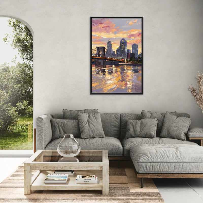 Cincinnati Skyline at Sunset - Living Room Black Frame Canvas