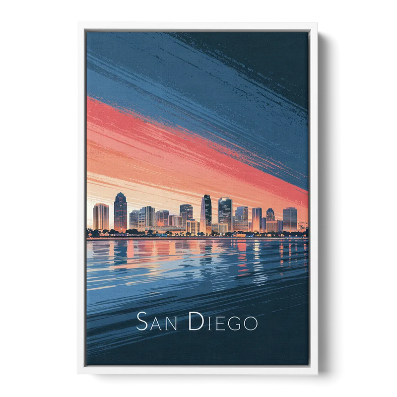 San Diego Urban Skyline - White Frame Canvas