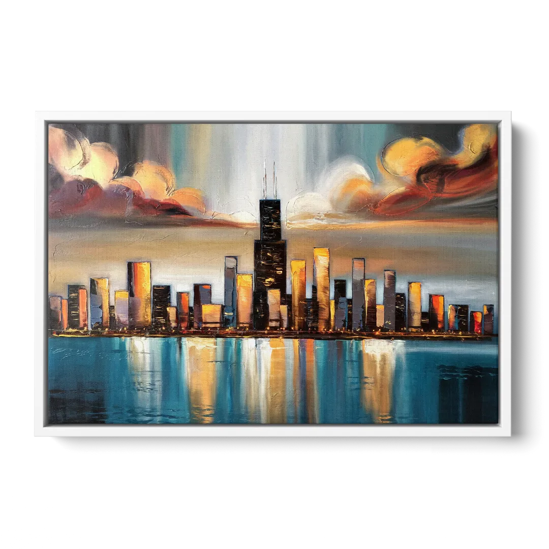Chicago Skyline With Willis Tower - White Frame Canvas