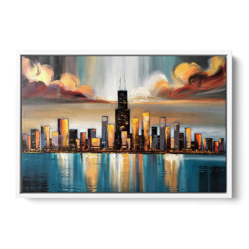 Chicago Skyline With Willis Tower - White Frame Canvas