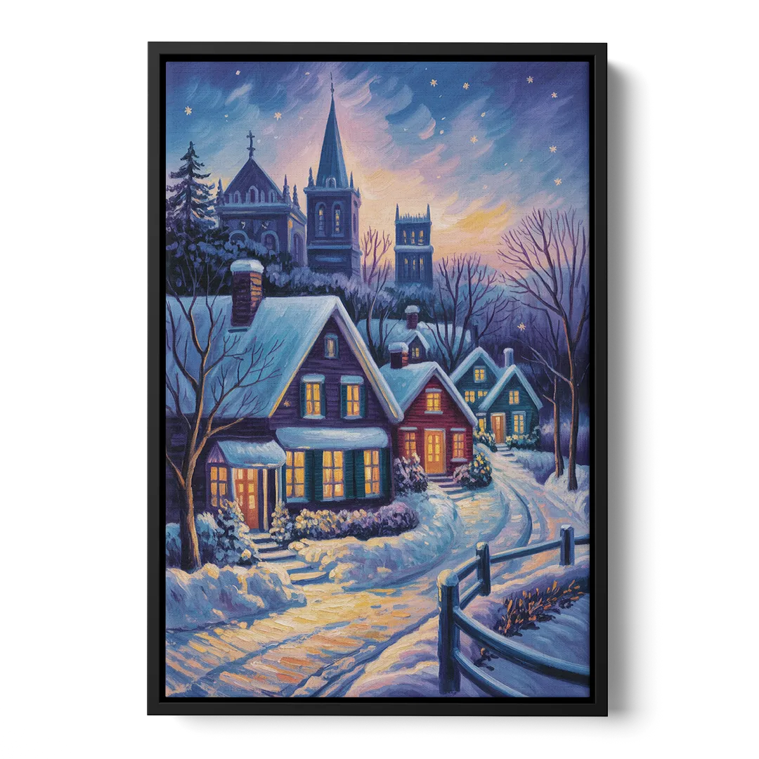 Quebec Snowy Village Scene - Black Frame Canvas