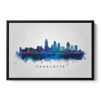 Charlotte Skyline With Blue Tones - Black Frame Canvas