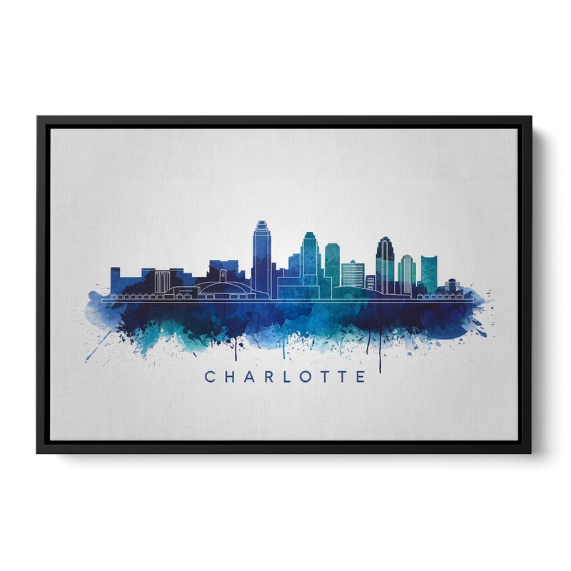 Charlotte Skyline With Blue Tones - Black Frame Canvas