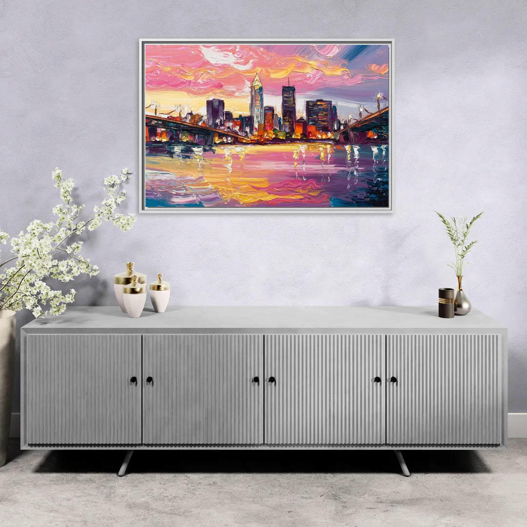 Cleveland Skyline At Sunset - Living Room White Frame Canvas