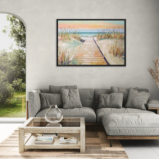 Seaside Boardwalk Dreams - Living Room Black Frame Canvas