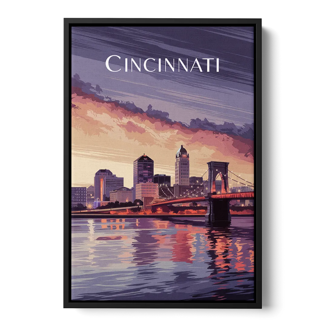 Cincinnati Skyline Over the Ohio River - Black Frame Canvas
