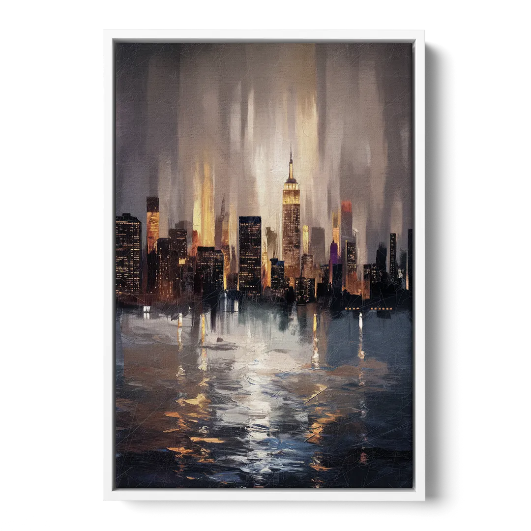 New York City Foggy Skyline Contrast Night - White Frame Canvas