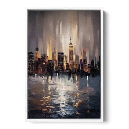New York City Foggy Skyline Contrast Night - White Frame Canvas