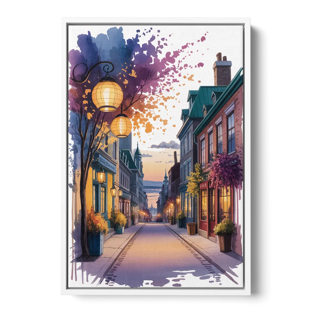 Quebec City Lantern Glow - White Frame Canvas
