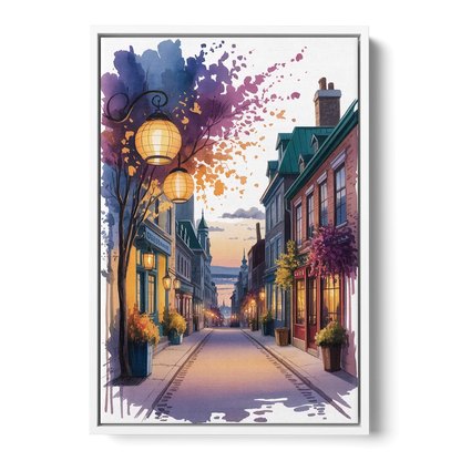 Quebec City Lantern Glow - White Frame Canvas