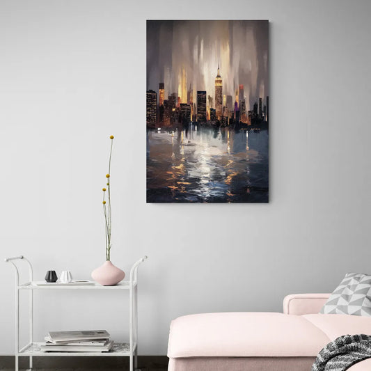 New York City Foggy Skyline Contrast Night - Canvas Wall Art Living Room