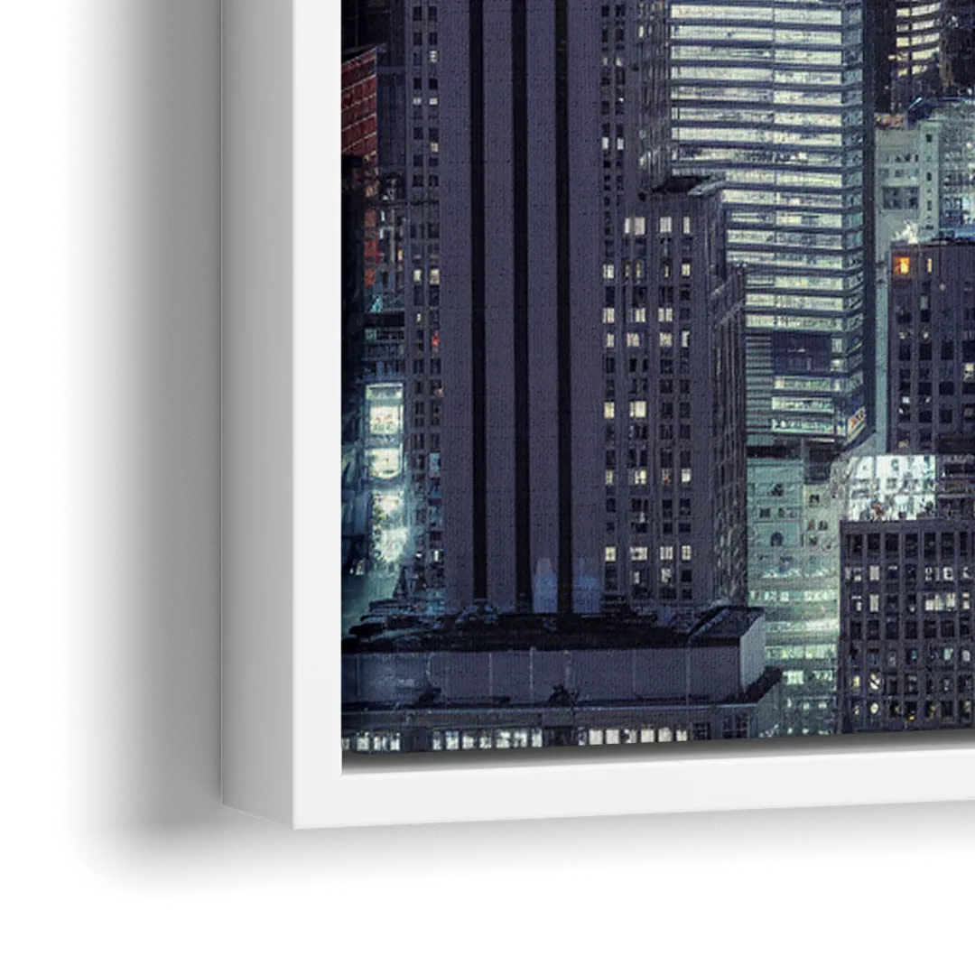 New York City Night Blue Lights Skyline - Close-Up White Frame Canvas