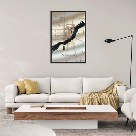 Cleveland Ohio Map Design - Living Room Black Frame Canvas