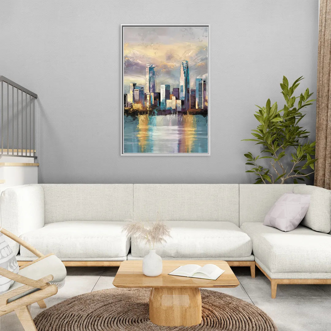 Charlotte Uptown Skyline - Living Room White Frame Canvas