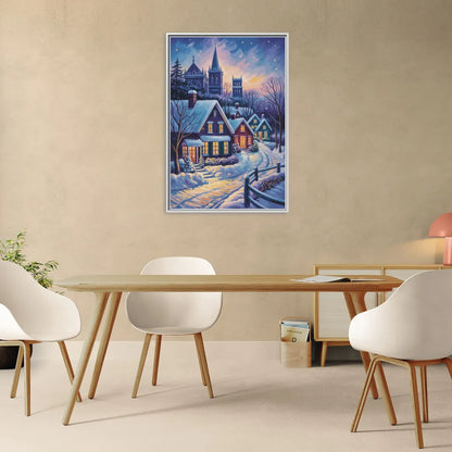 Quebec Snowy Village Scene - Living Room White Frame Canvas