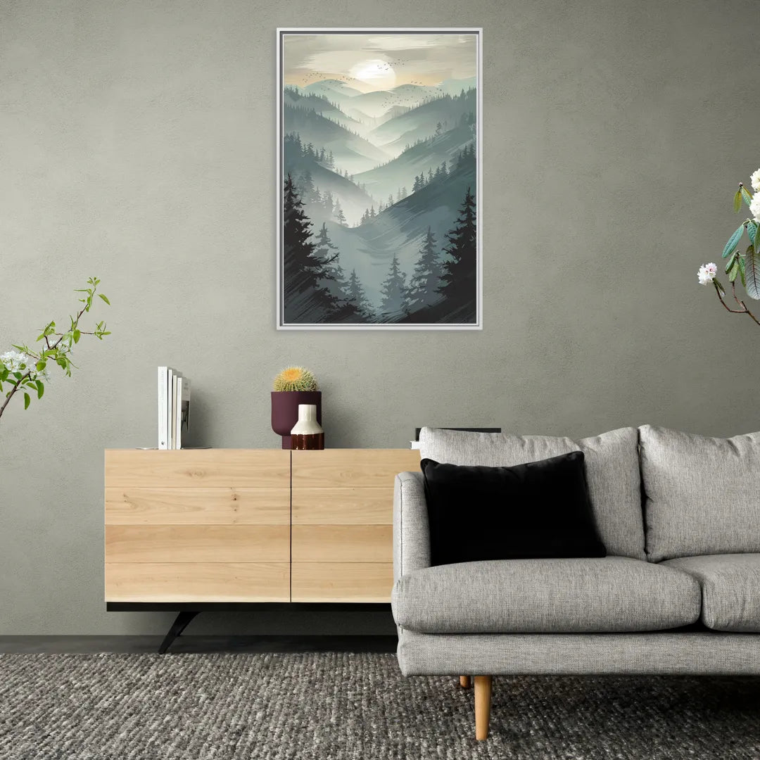Sitka Misty Mountains - Living Room White Frame Canvas