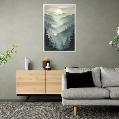 Sitka Misty Mountains - Living Room White Frame Canvas