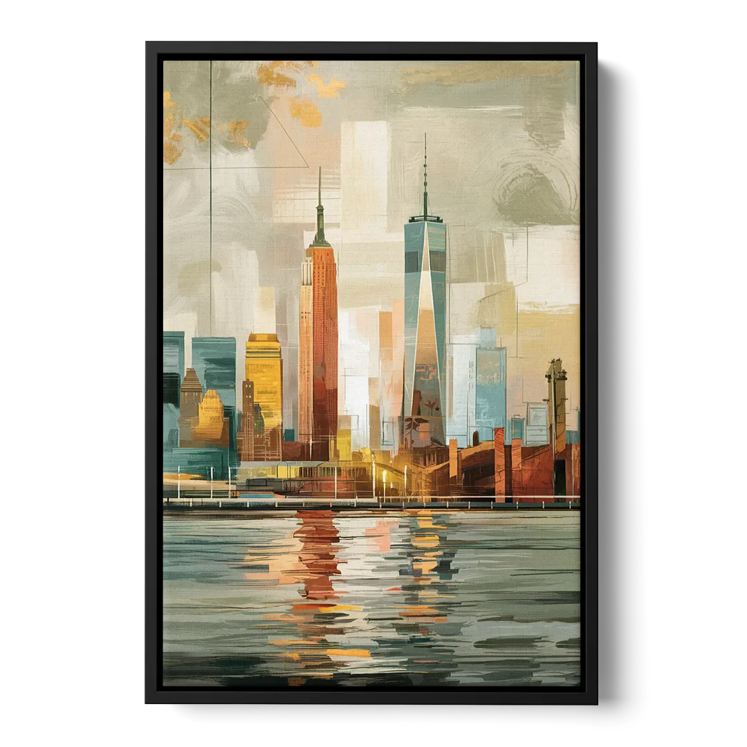 New York City Abstract Skyline Art Hudson - Black Frame Canvas
