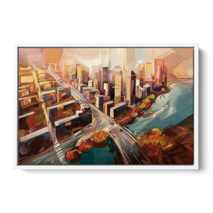 Boston City Streets Aerial View - White Frame Canvas